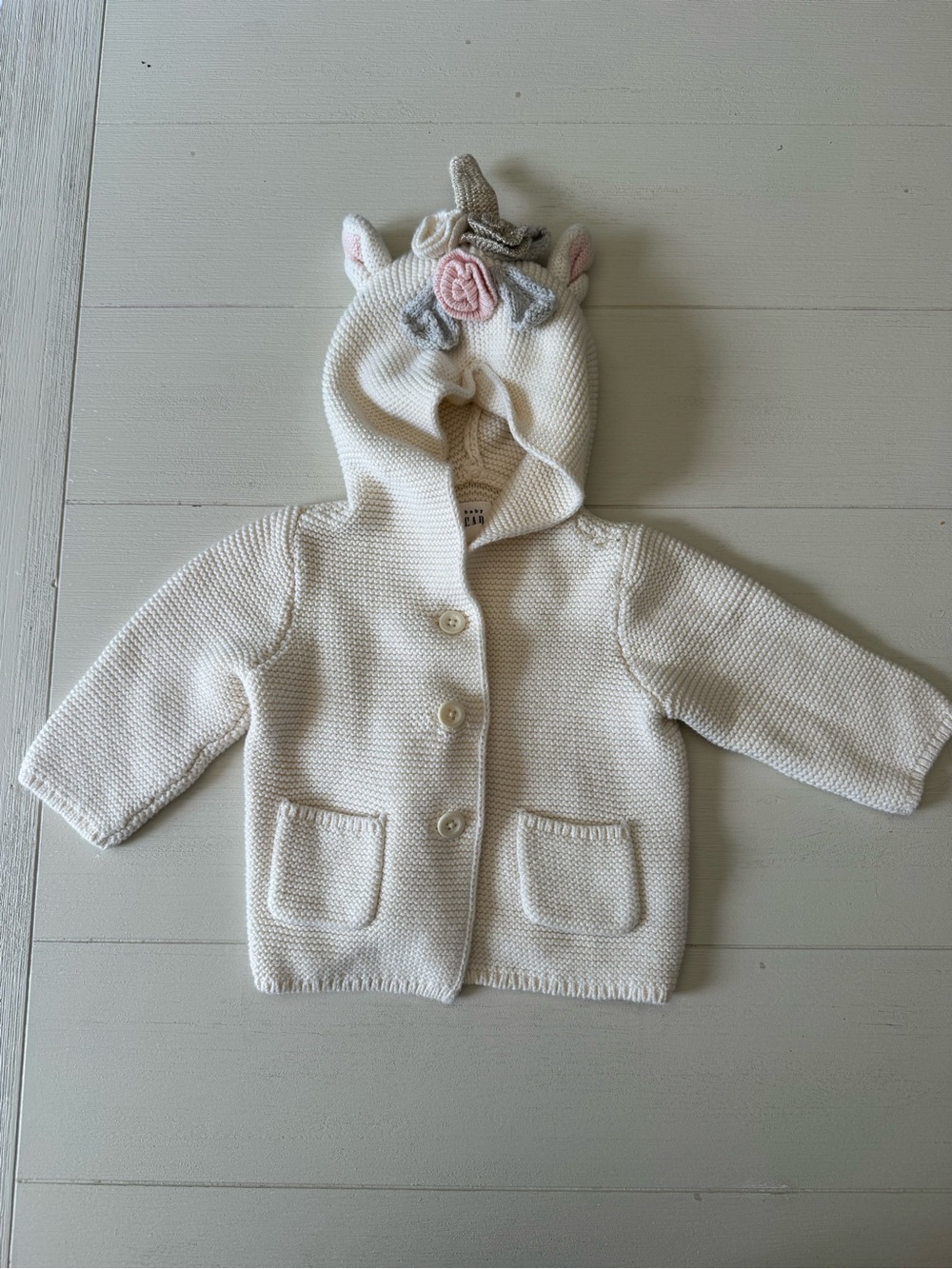 GAP Cream Baby Hooded Unicorn Cardigan with Pink & Gray Details